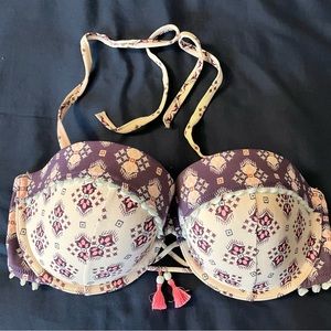 Victorias Secret 34DD Halter Bikini Top Beaded Tassel  Purple Pink Underwire